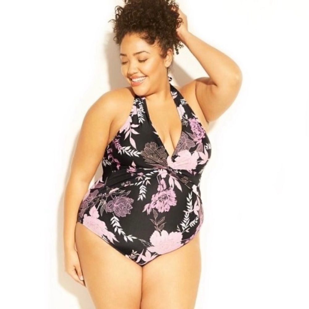 Kona Sol Black Pink Floral One Piece Halter Swimsuit